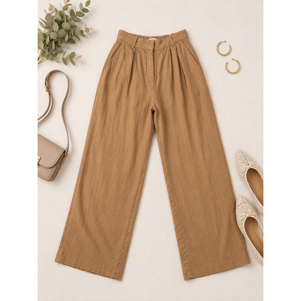 Abercrombie & Fitch Womens Brown Linen Blend Wide Leg Pleated Pants XS